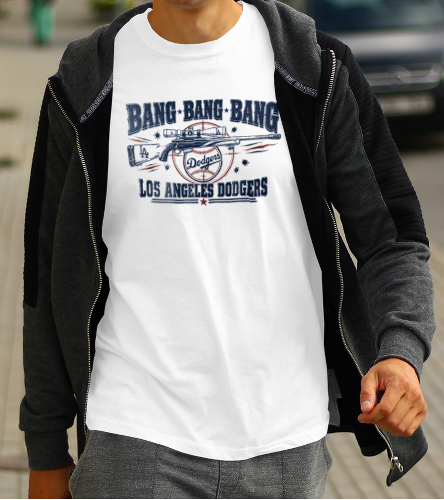 Los Angeles Dodgers Bang Bang Bang Sniper Rifle Scope Target Bullet Holes T-Shirt