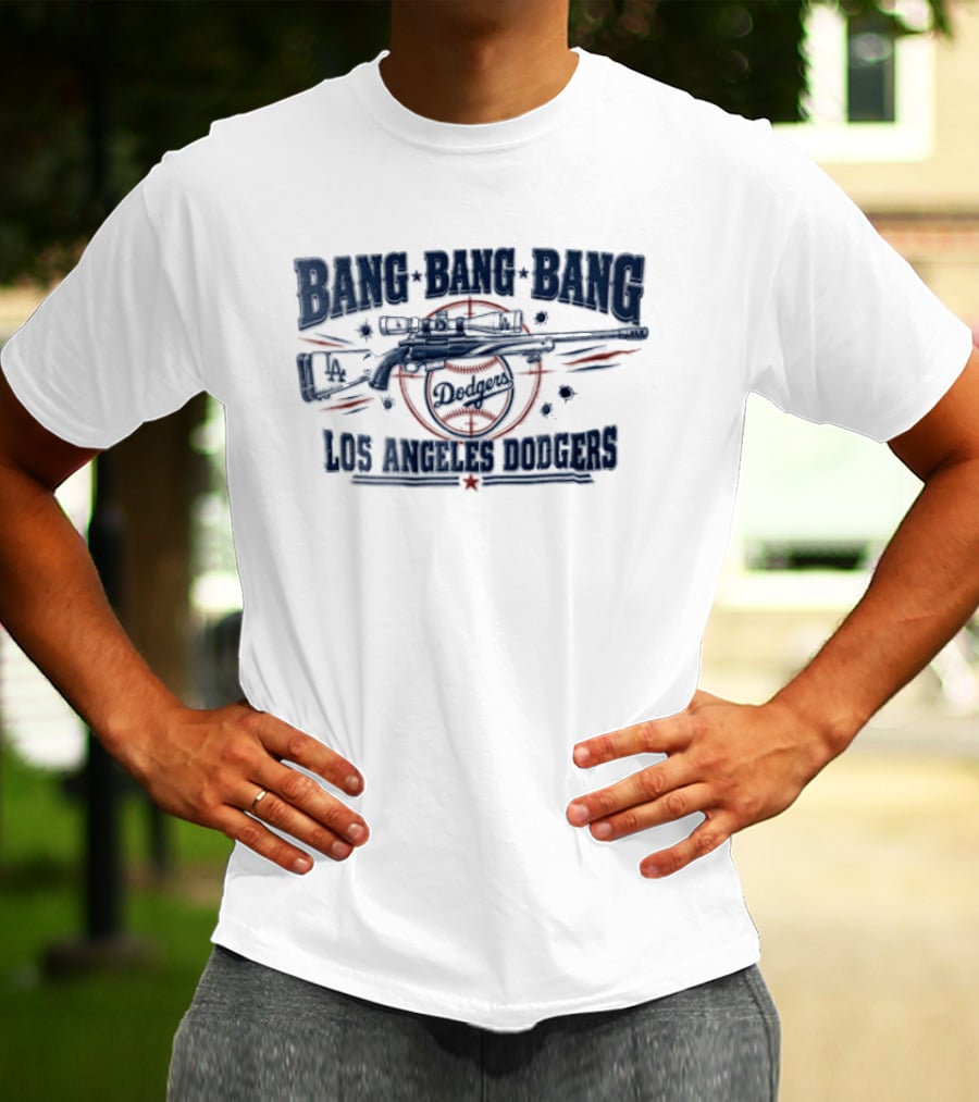 Los Angeles Dodgers Bang Bang Bang Sniper Rifle Scope Target Bullet Holes T-Shirt