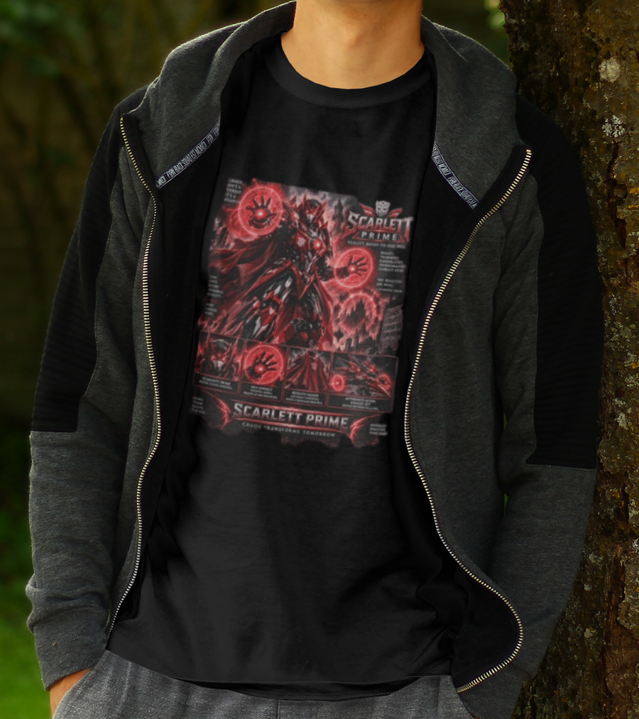Scarlett Prime Reality Bends Red Mecha Chaos Transforms Tomorrow Jet Hex Magic T-Shirt