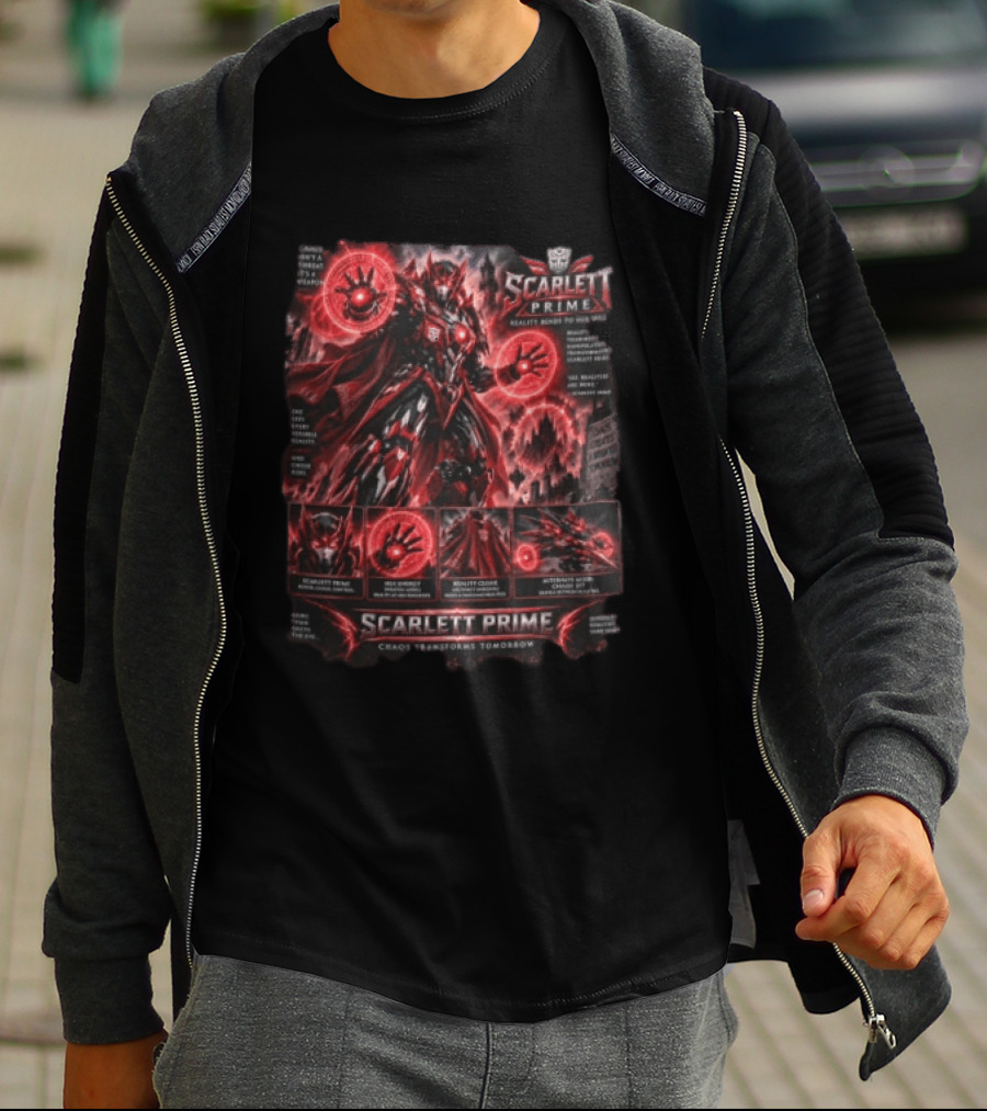 Scarlett Prime Reality Bends Red Mecha Chaos Transforms Tomorrow Jet Hex Magic T-Shirt