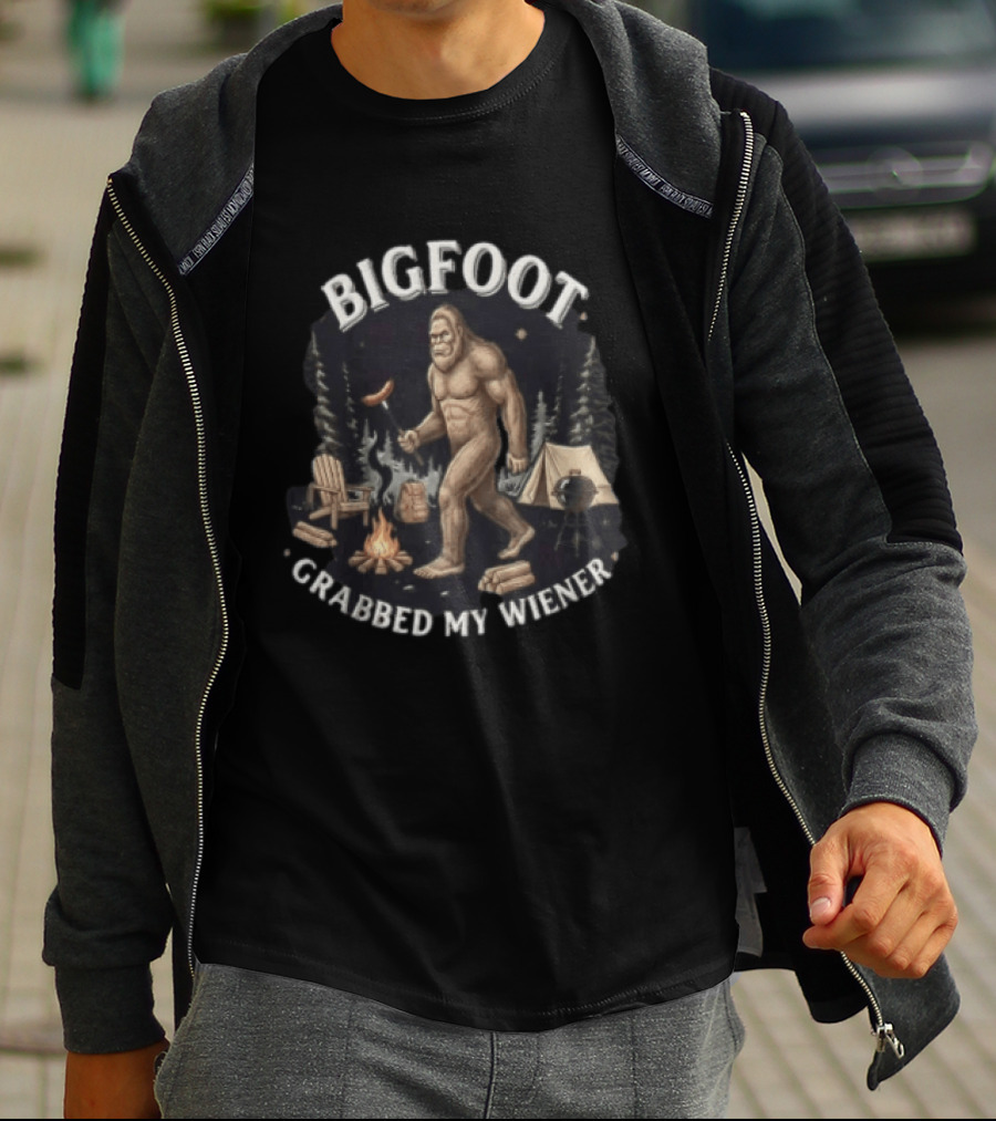 Bigfoot Grabbed My Wiener Campfire Forest Scene T-Shirt