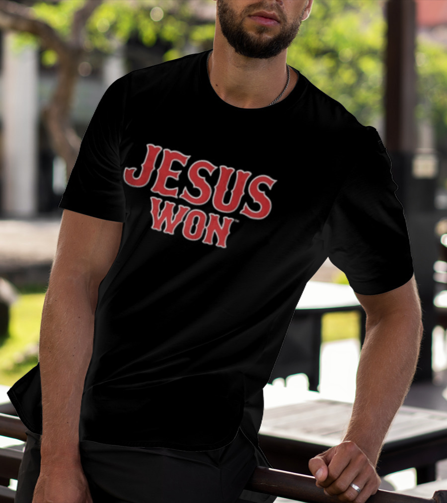 Boston Red Sox MLB Jesus Won Block Lettering Navy White T-Shirt