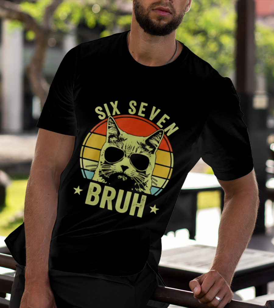 Six Seven Bruh Retro Cat Sunset T-Shirt
