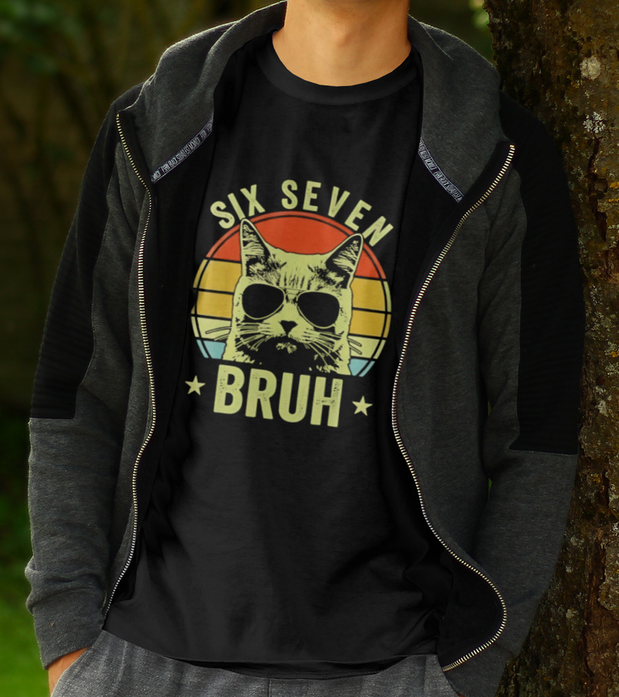 Six Seven Bruh Retro Cat Sunset T-Shirt