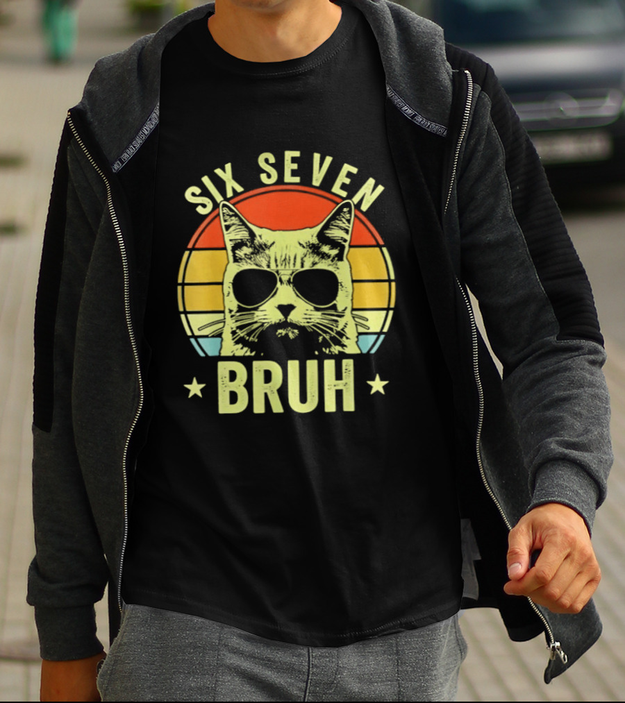 Six Seven Bruh Retro Cat Sunset T-Shirt