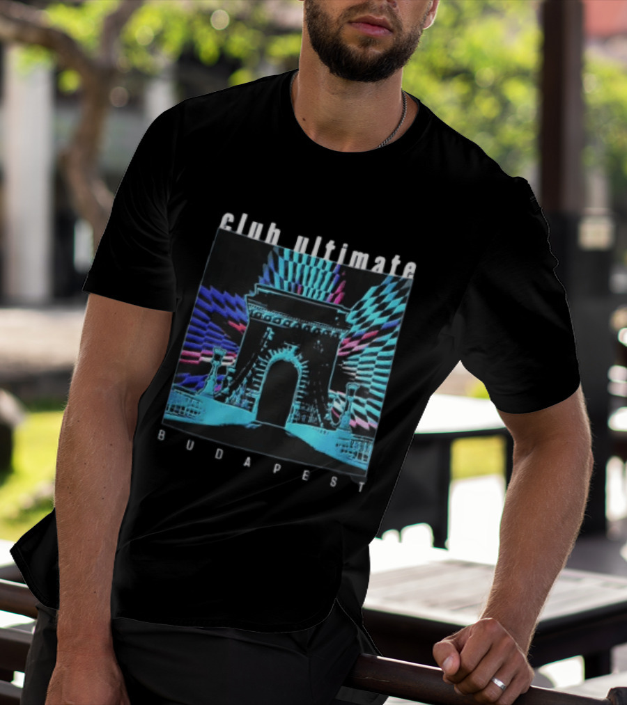 Club Ultimate Budapest Szechenyi Chain Bridge Neon Checkerboard Arch T-Shirt
