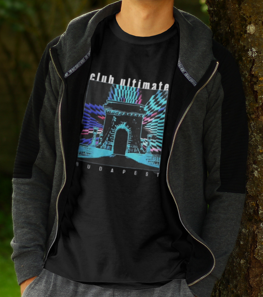 Club Ultimate Budapest Szechenyi Chain Bridge Neon Checkerboard Arch T-Shirt