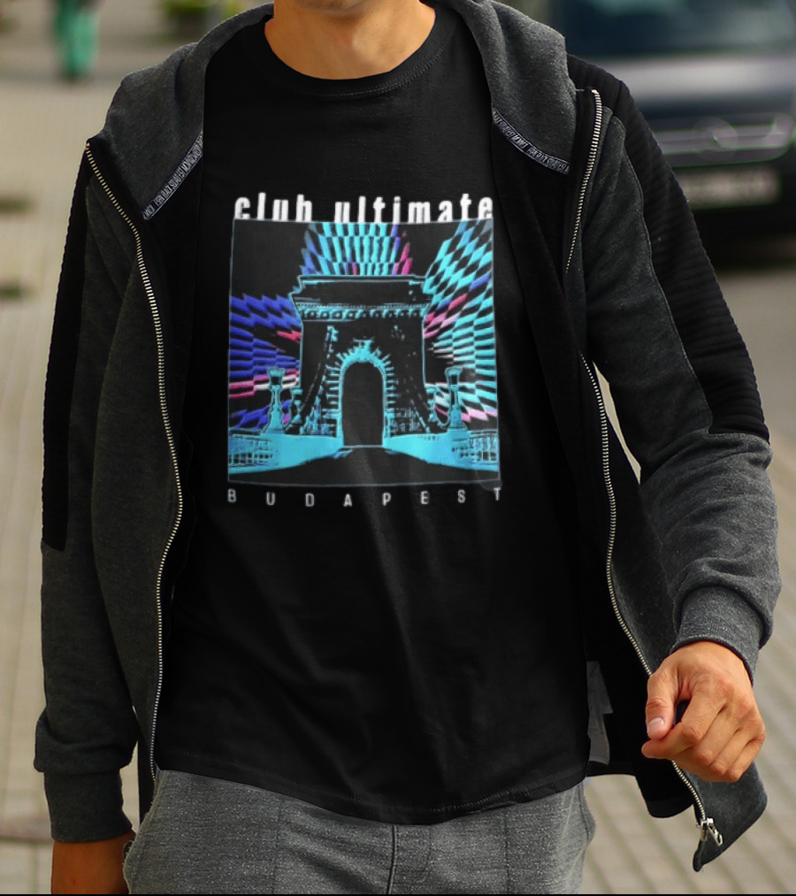 Club Ultimate Budapest Szechenyi Chain Bridge Neon Checkerboard Arch T-Shirt