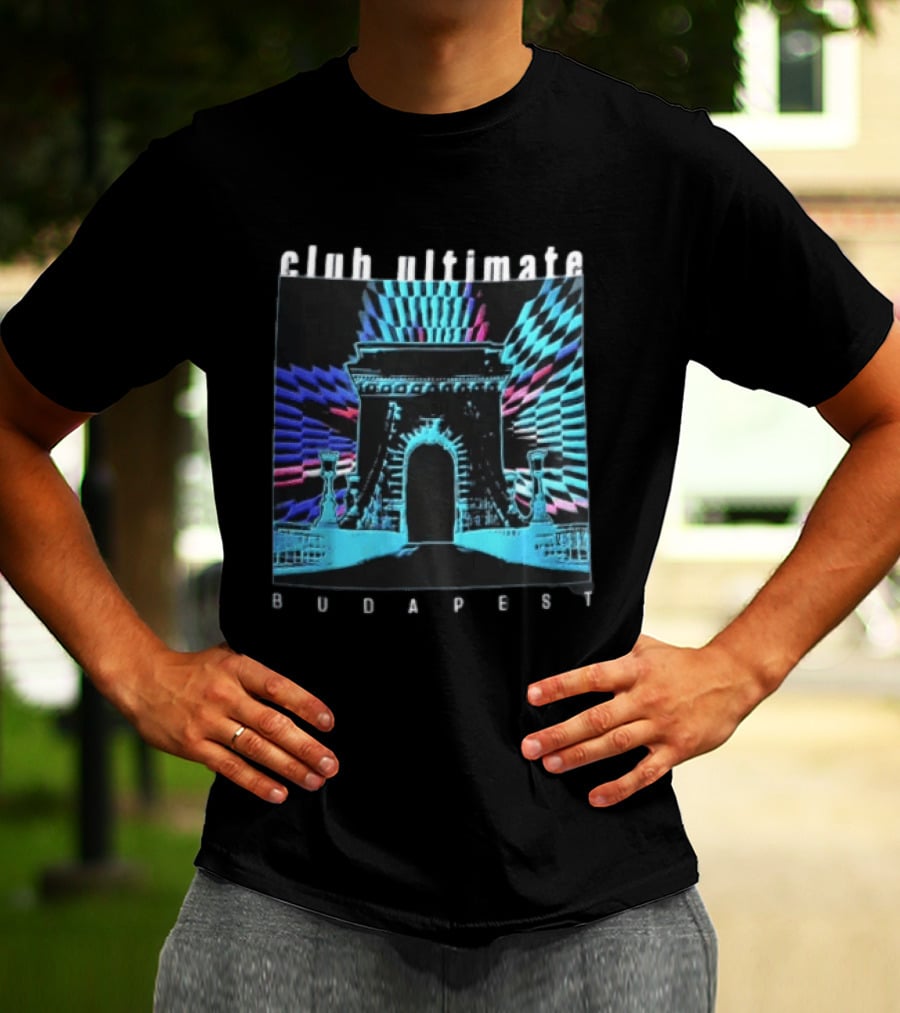 Club Ultimate Budapest Szechenyi Chain Bridge Neon Checkerboard Arch T-Shirt