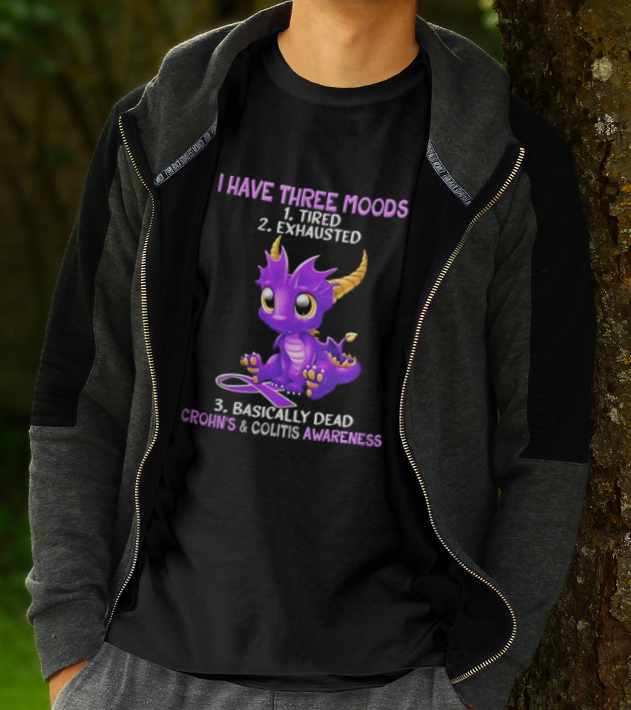 I Have Three Moods Tired Exhausted Basically Dead Crohns Colitis Awareness Purple Dragon Cartoon T-Shirt