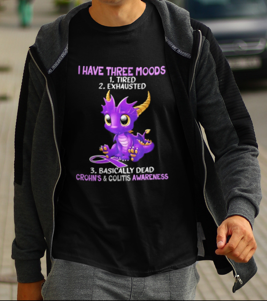I Have Three Moods Tired Exhausted Basically Dead Crohns Colitis Awareness Purple Dragon Cartoon T-Shirt