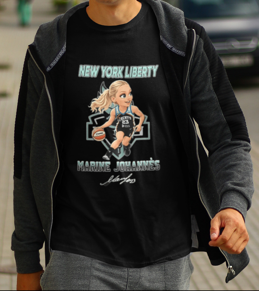 New York Liberty Marine Johannes Cartoon Caricature Dribbling Basketball T-Shirt
