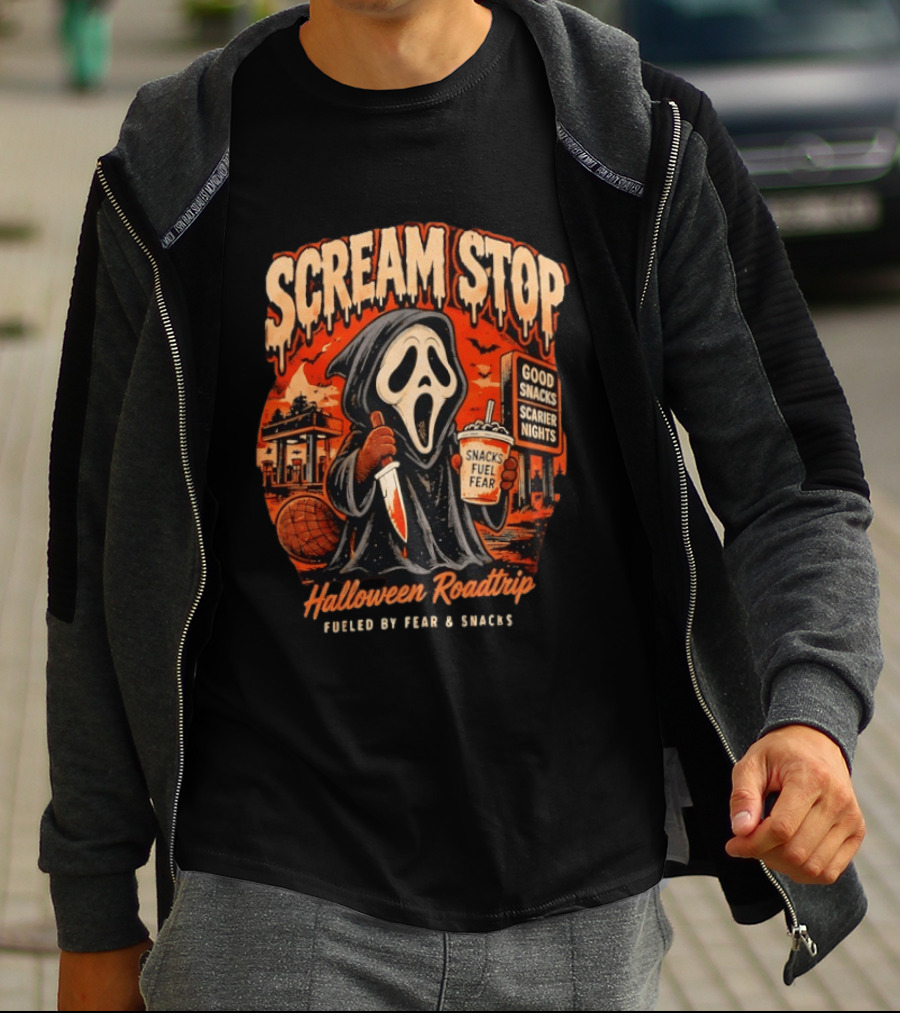 Scream Stop Halloween Roadtrip Snacks Fueled By Fear Good Snacks Scarier Nights T-Shirt