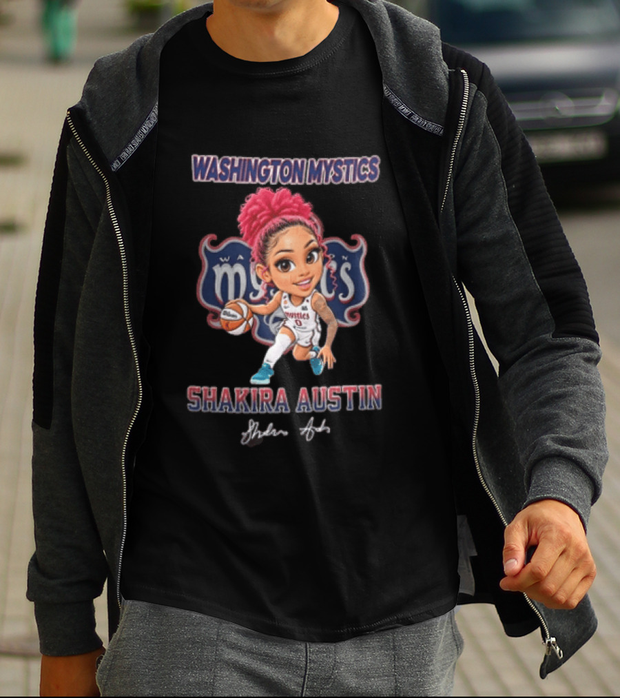 Shakira Austin Washington Mystics Pink Hair Cartoon Caricature Dribbling Basketball T-Shirt