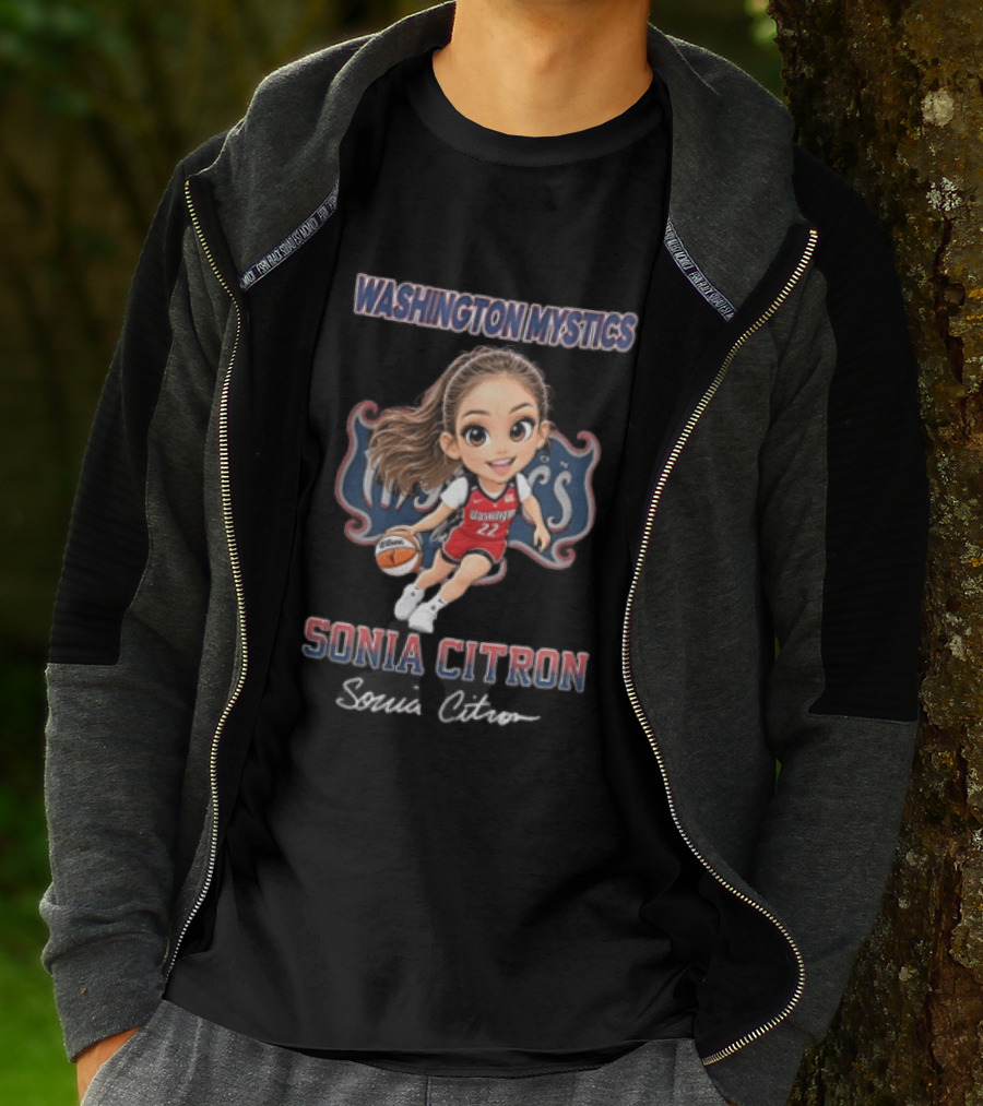 Washington Mystics WNBA Sonia Citron Cartoon Caricature Basketball Player Dribbling T-Shirt