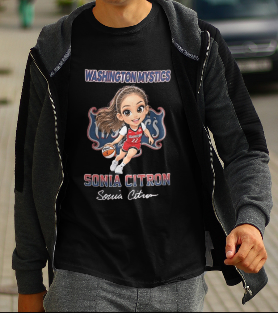 Washington Mystics WNBA Sonia Citron Cartoon Caricature Basketball Player Dribbling T-Shirt