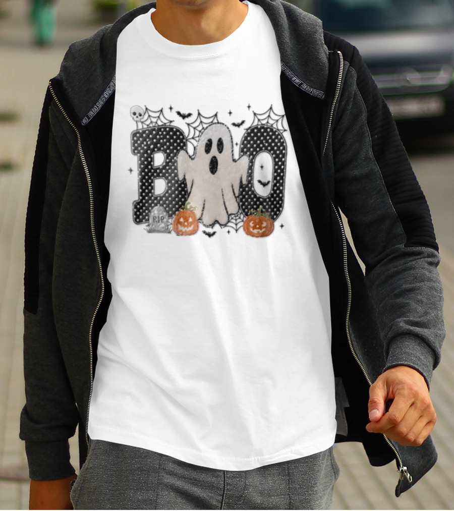 Boo Distressed Ghost Jack O Lanterns Polka Dots Cobwebs T-Shirt