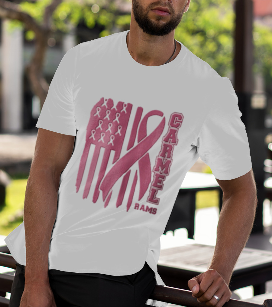 Carmel Rams Pink Ribbon American Flag Breast Cancer Awareness T-Shirt