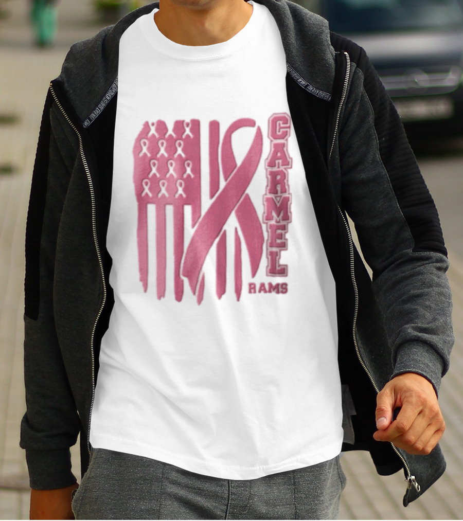 Carmel Rams Pink Ribbon American Flag Breast Cancer Awareness T-Shirt
