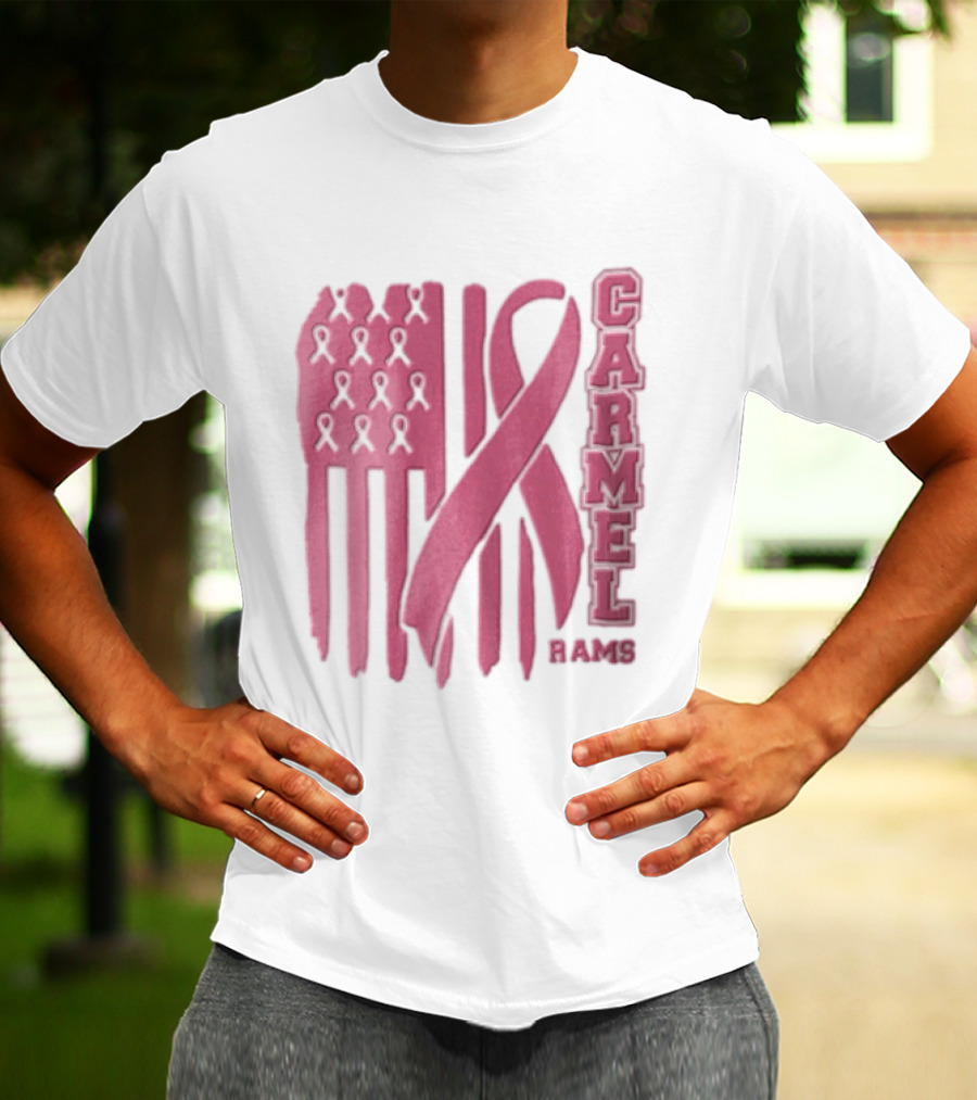 Carmel Rams Pink Ribbon American Flag Breast Cancer Awareness T-Shirt