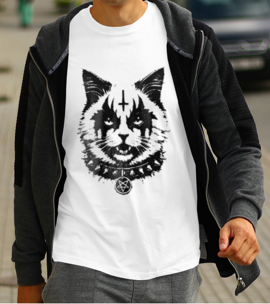 Corpsepaint Inverted Pentagram Monochromatic Cat With Collar T-Shirt
