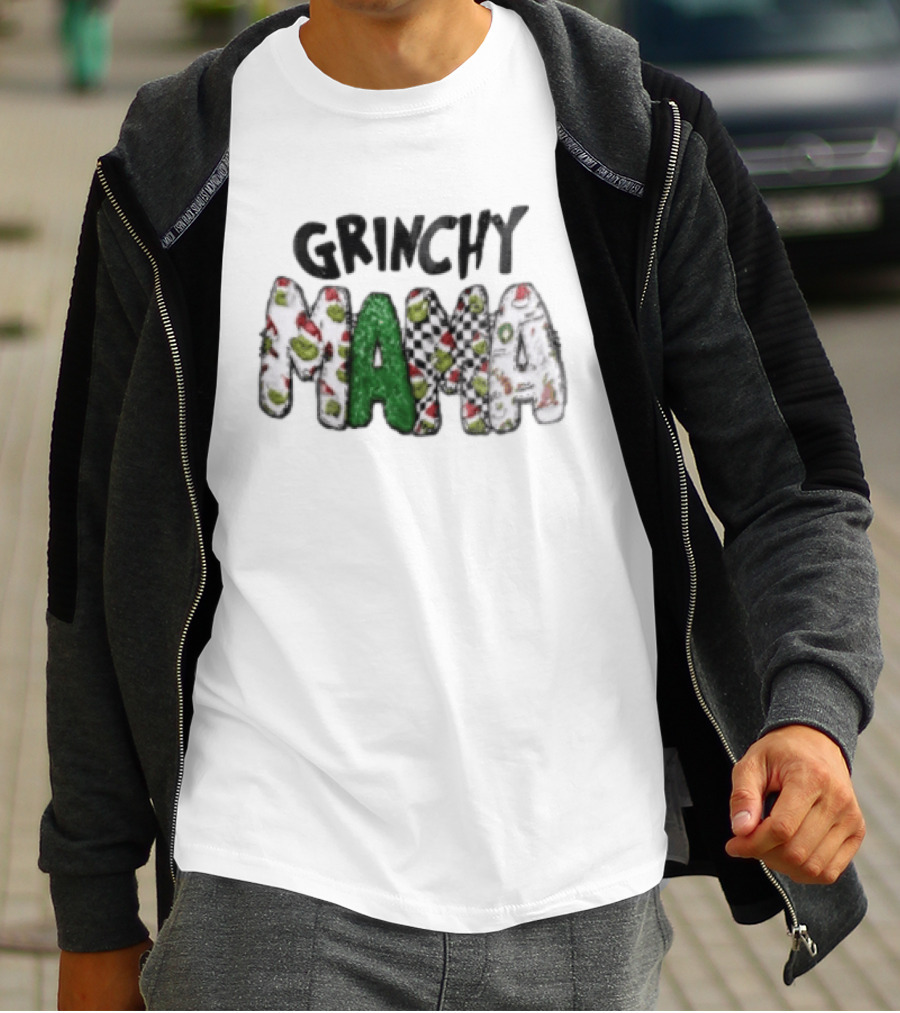 Grinchy Mama Holiday Checkerboard And Santa Hat T-Shirt