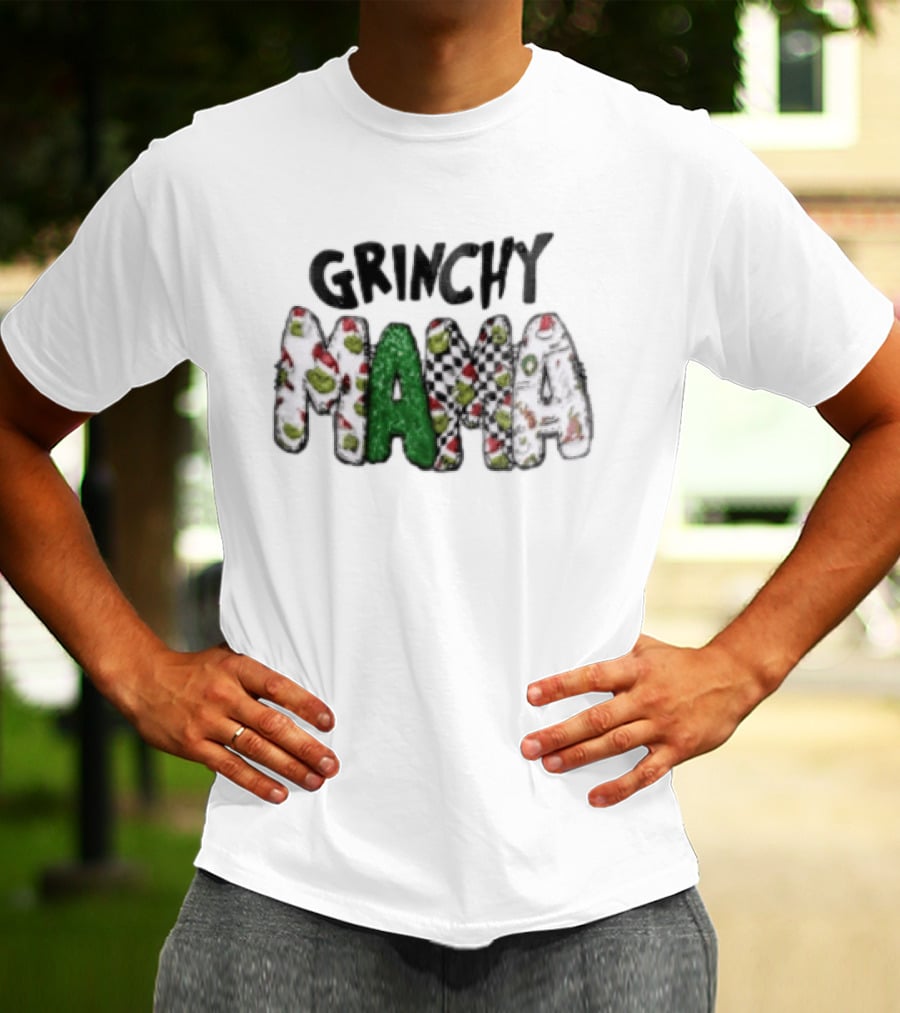 Grinchy Mama Holiday Checkerboard And Santa Hat T-Shirt