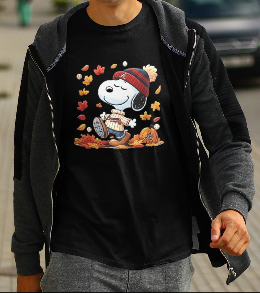 Atlanta Braves Snoopy Walking In Autumn Leaves With Pumpkin Baseballs Cartoon T-Shirt