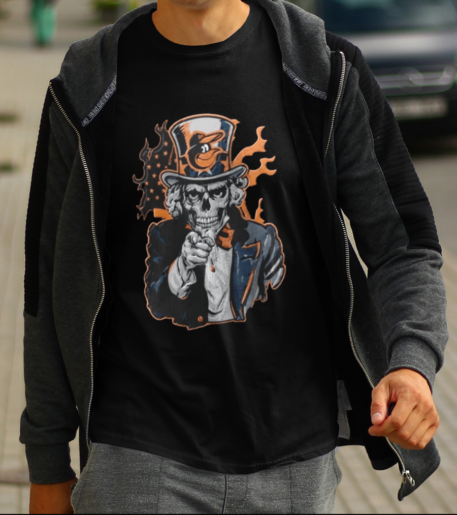 Baltimore Orioles Skeleton Uncle Sam Pointing Flames American Flag Hat T-Shirt