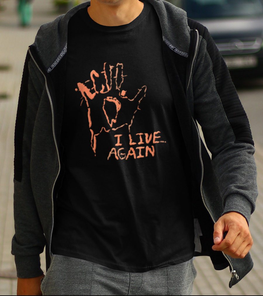 I Live Again Red Spiky Handprint Burning Hole In Palm Distressed Halloween T-Shirt