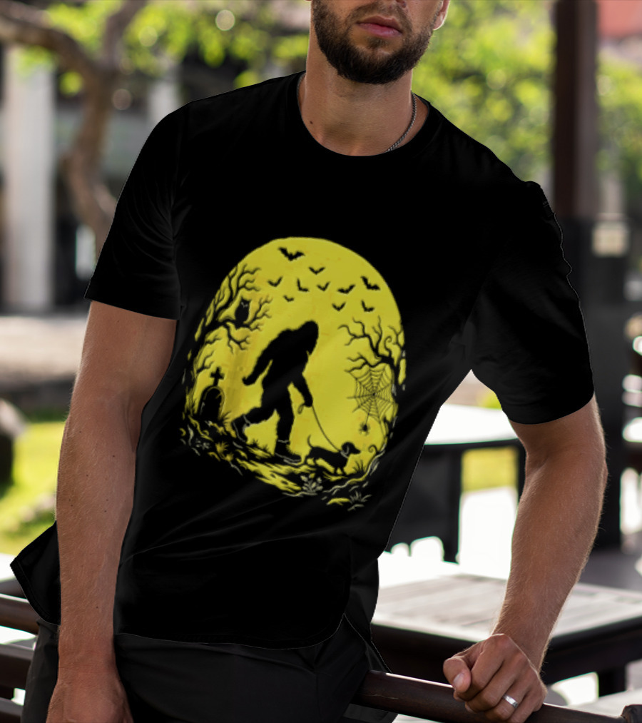 Bigfoot Walking Dachshund Under Full Moon Halloween Night T-Shirt