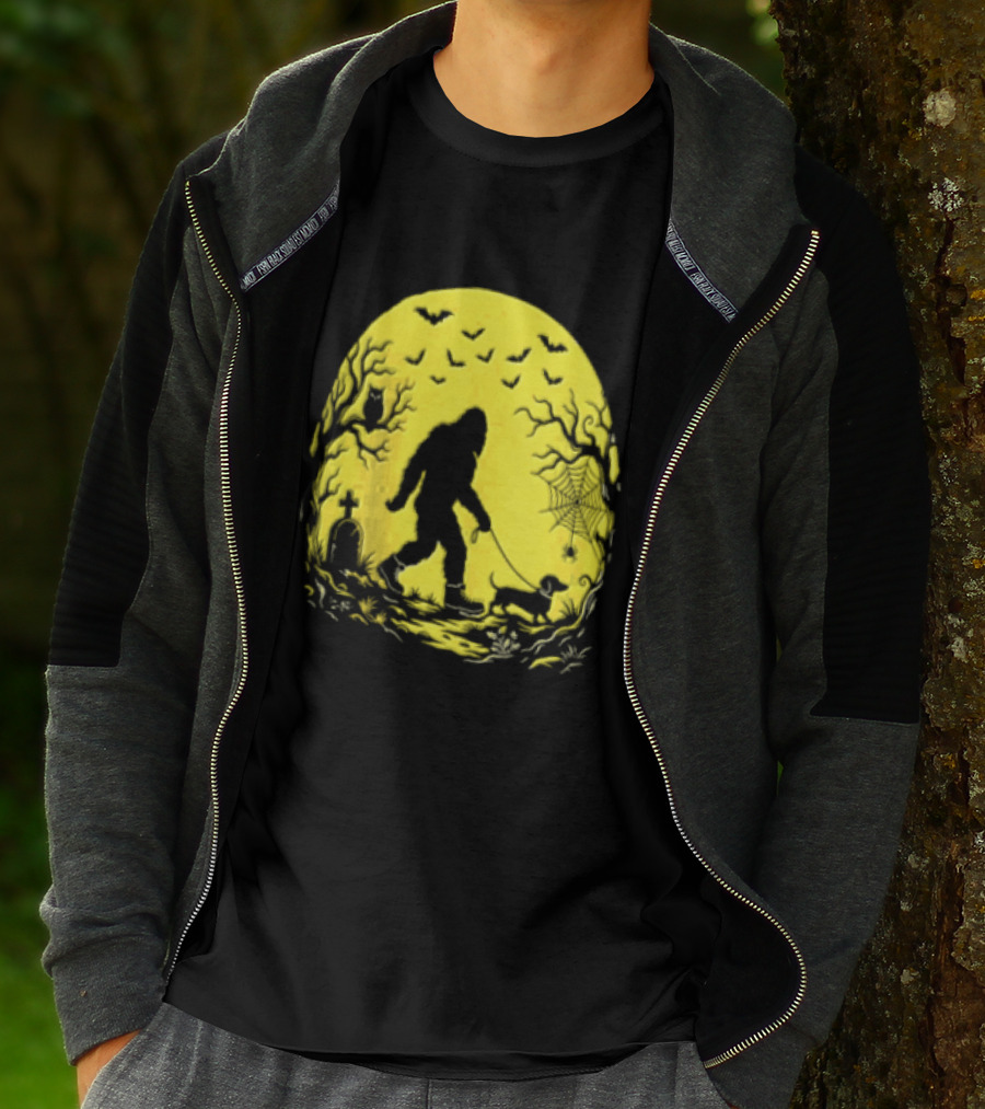 Bigfoot Walking Dachshund Under Full Moon Halloween Night T-Shirt