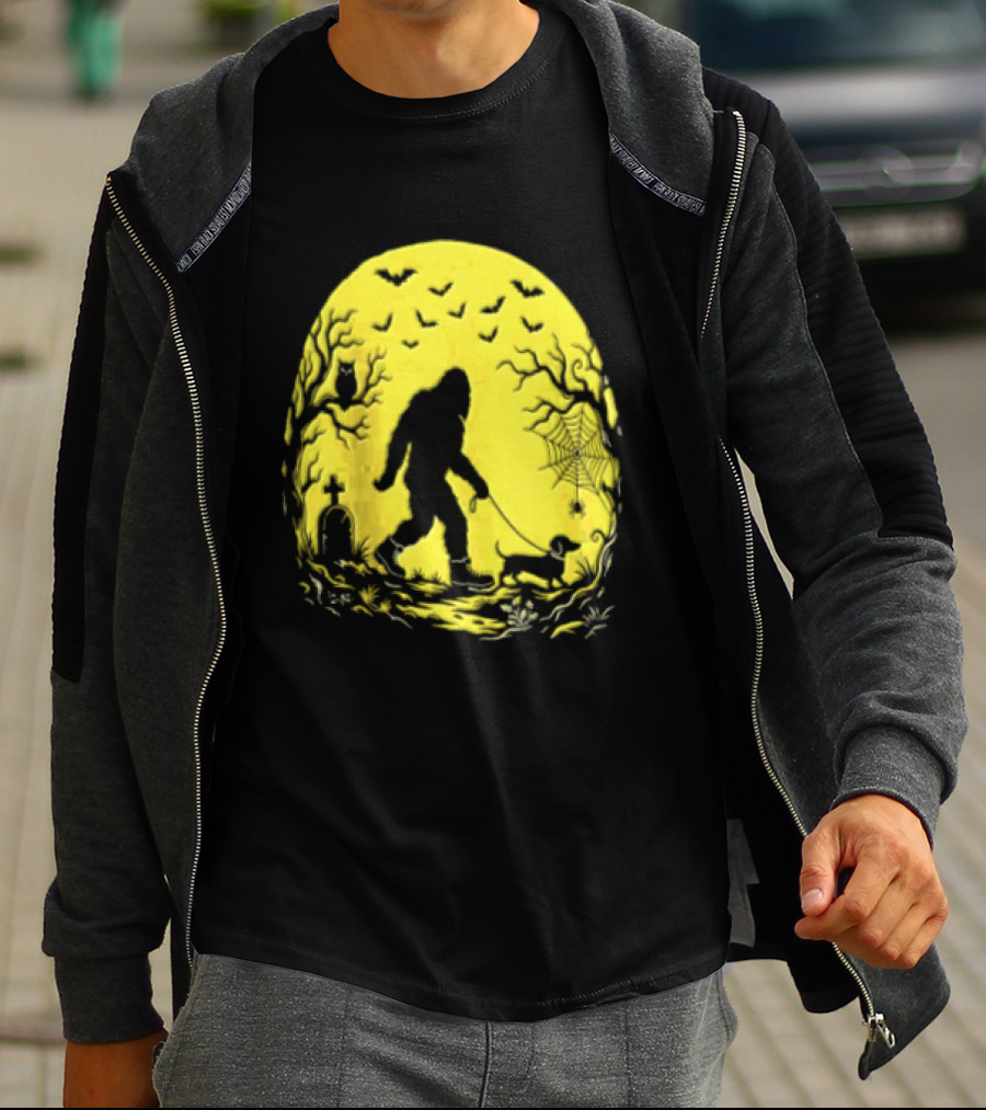Bigfoot Walking Dachshund Under Full Moon Halloween Night T-Shirt