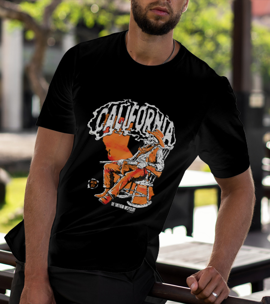 California Skeleton Cowboy Southern Hospitality Tour Aug 20 Rocking Chair Rifle Map T-Shirt