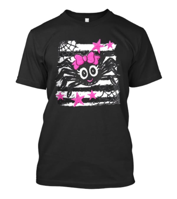 Cartoon Black Spider Big Eyes Pink Bow Stripes Webs Stars T-Shirt