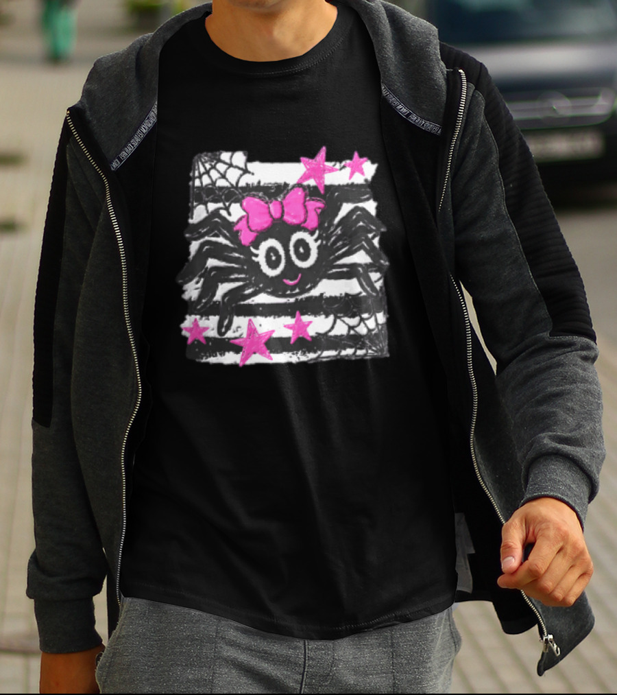 Cartoon Black Spider Big Eyes Pink Bow Stripes Webs Stars T-Shirt