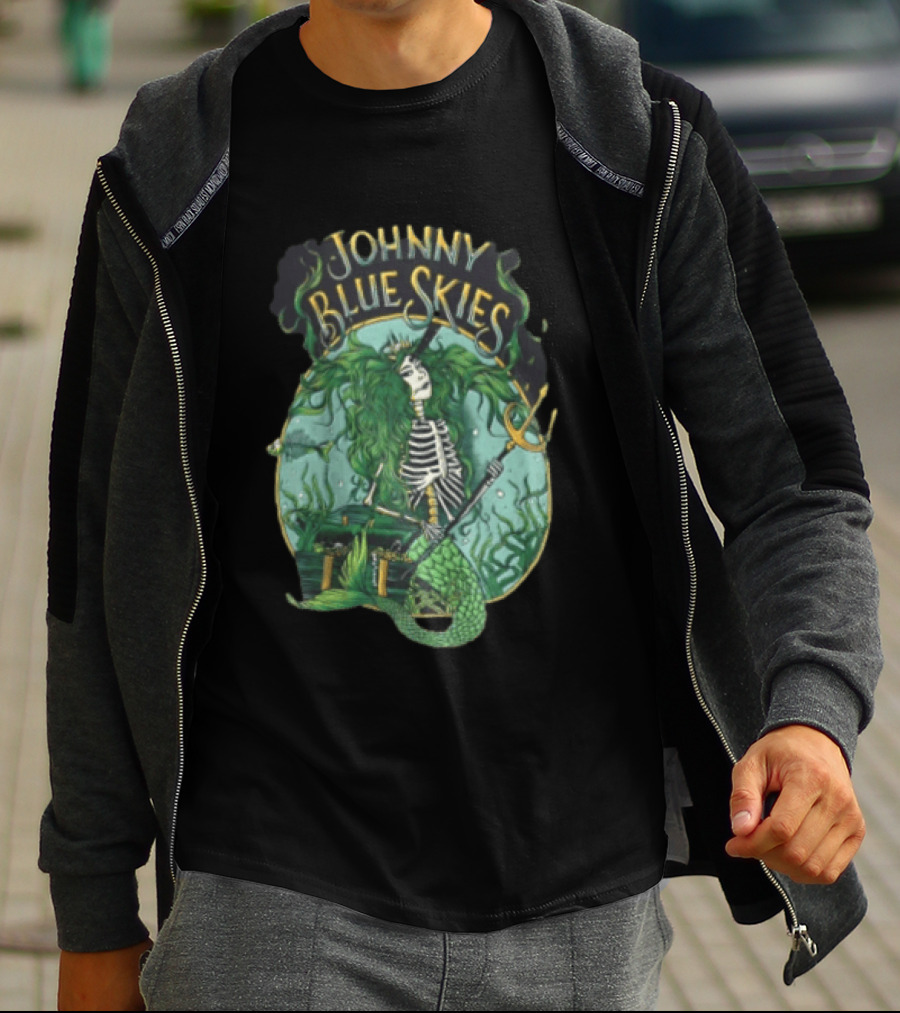 Johnny Blue Skies Skeleton Mermaid Adventure With Trident And Treasure T-Shirt