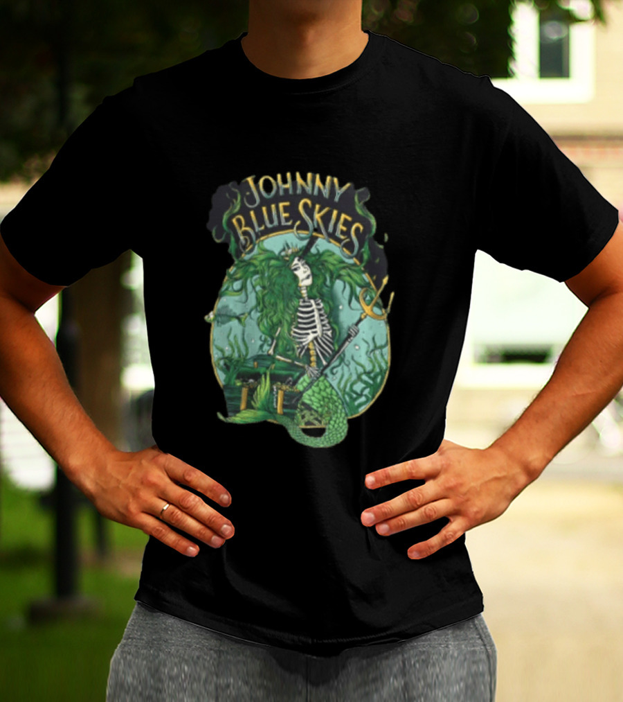 Johnny Blue Skies Skeleton Mermaid Adventure With Trident And Treasure T-Shirt