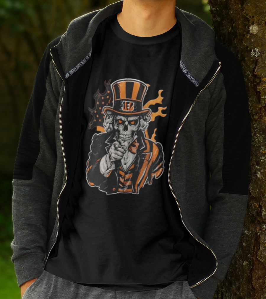 Cincinnati Bengals Skeleton Uncle Sam Pointing Tiger Head Iconic Style Fan Favorite T-Shirt