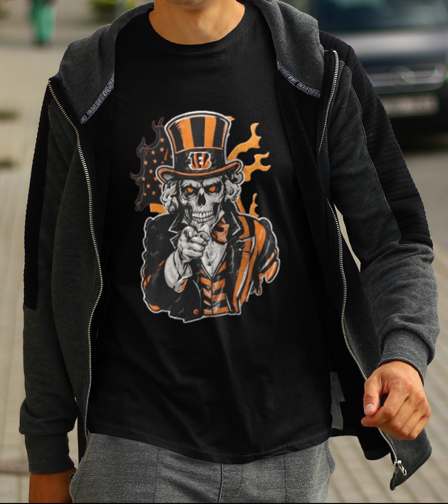 Cincinnati Bengals Skeleton Uncle Sam Pointing Tiger Head Iconic Style Fan Favorite T-Shirt