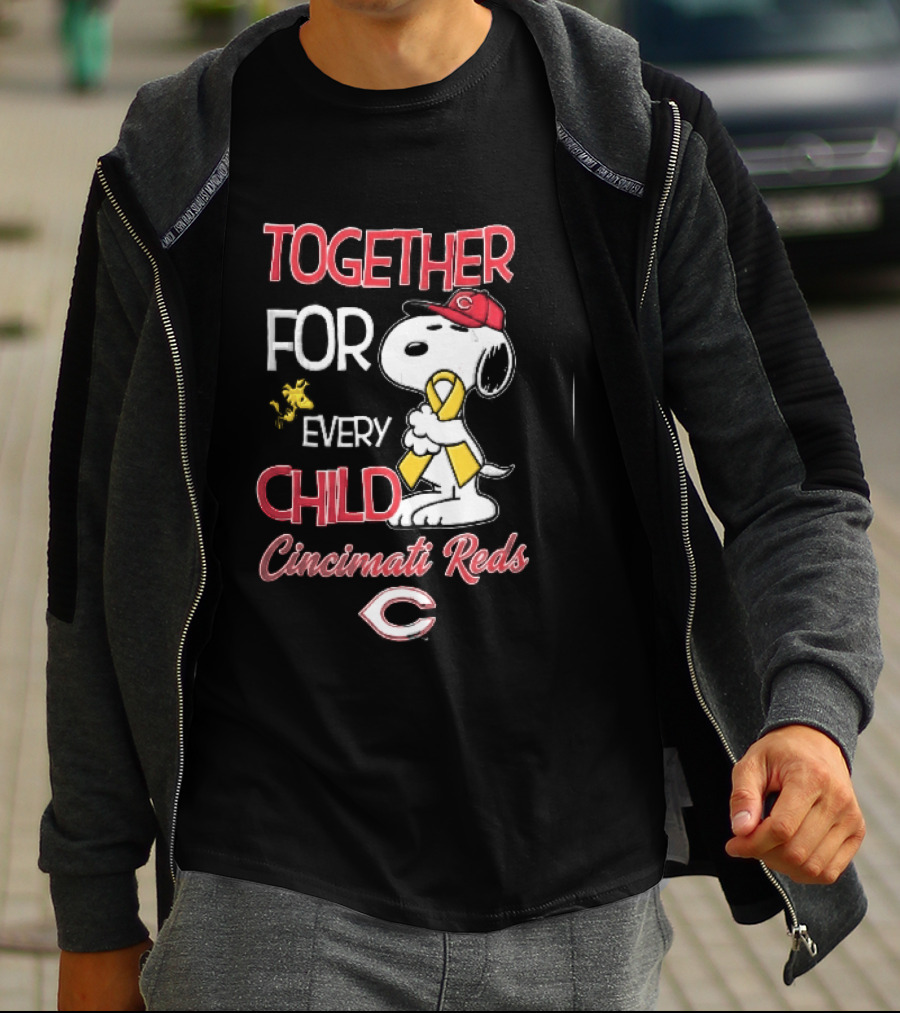 TOGETHER FOR EVERY CHILD Cincinnati Reds Snoopy Woodstock Yellow Ribbon T-Shirt