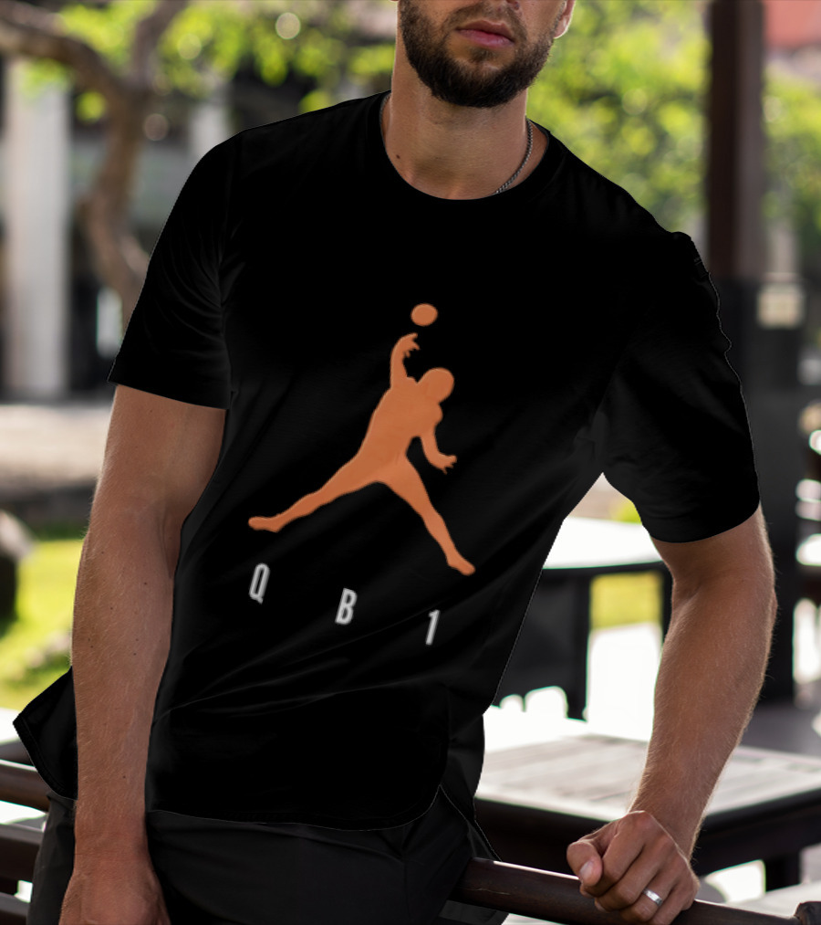 Qb1 Orange Jumpman Pose Football Quarterback Throwing Ball T-Shirt