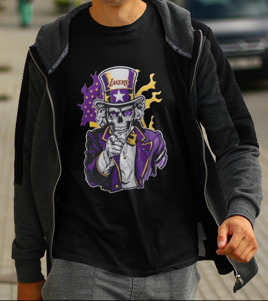 Los Angeles Lakers Skeleton Uncle Sam Purple Flames T-Shirt