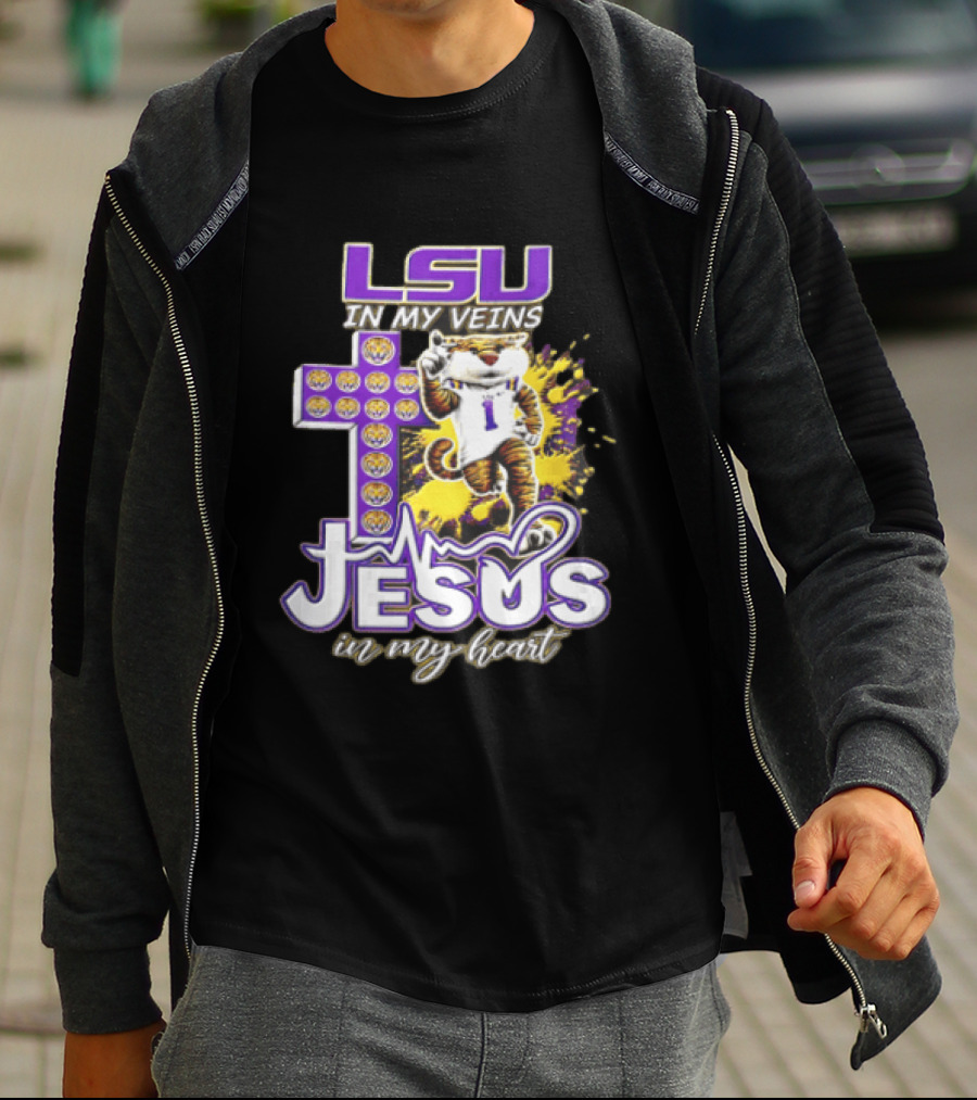LSU In My Veins Jesus In My Heart Tiger Purple Cross EKG T-Shirt