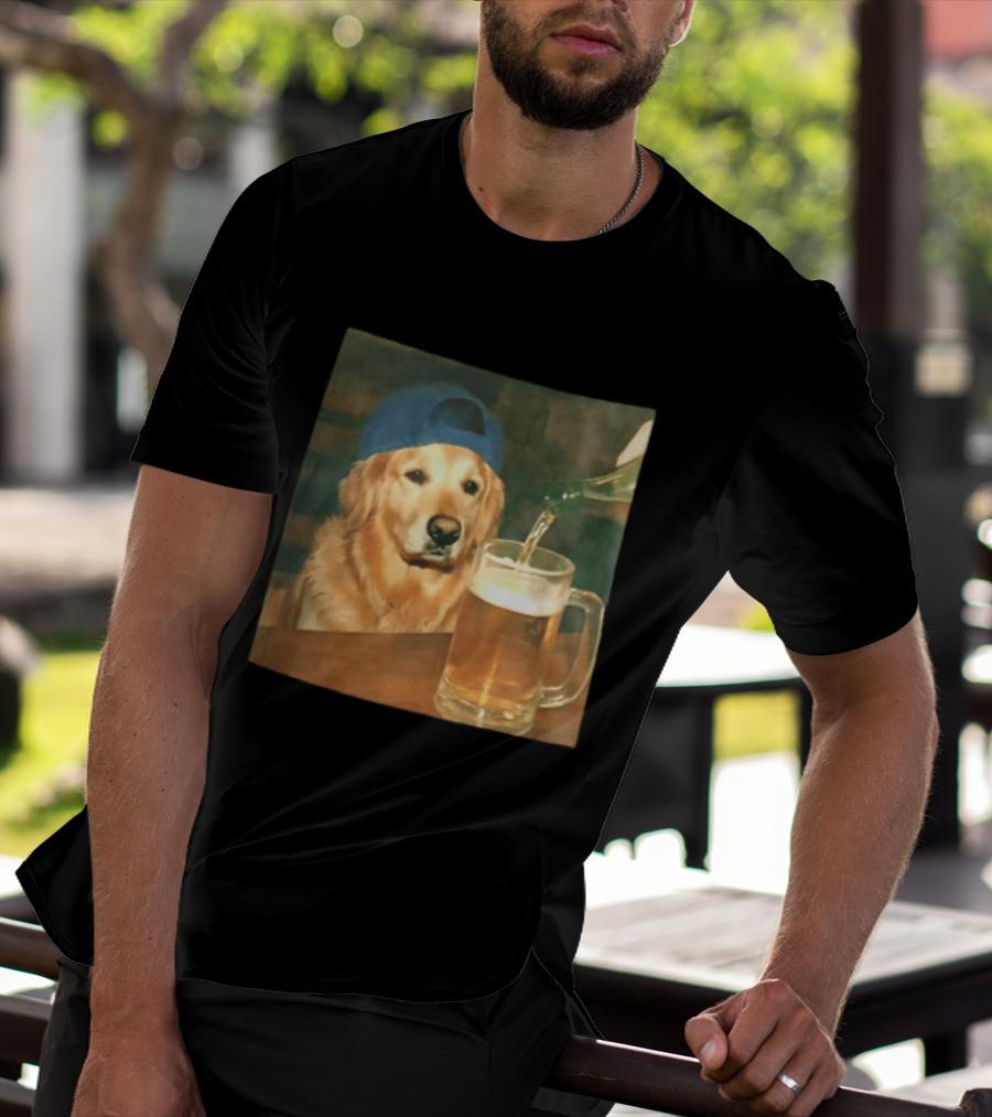 Golden Retriever Backward Cap Beer Pouring Scene T-Shirt