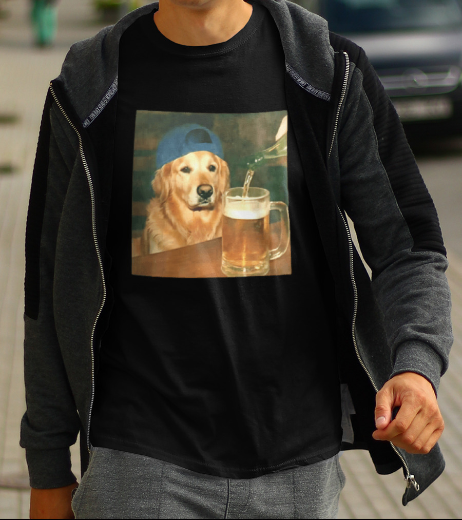 Golden Retriever Backward Cap Beer Pouring Scene T-Shirt