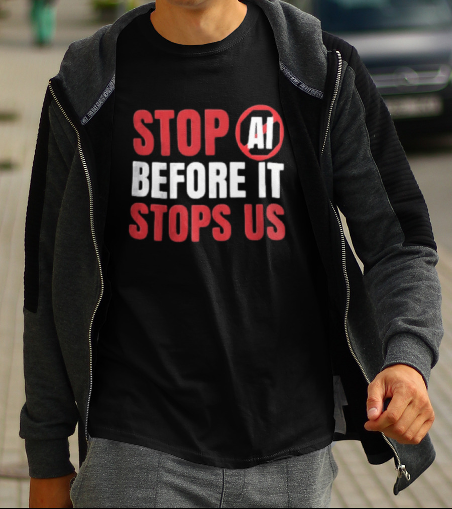 Stop AI Before It Stops Us Bold Statement Red White T-Shirt