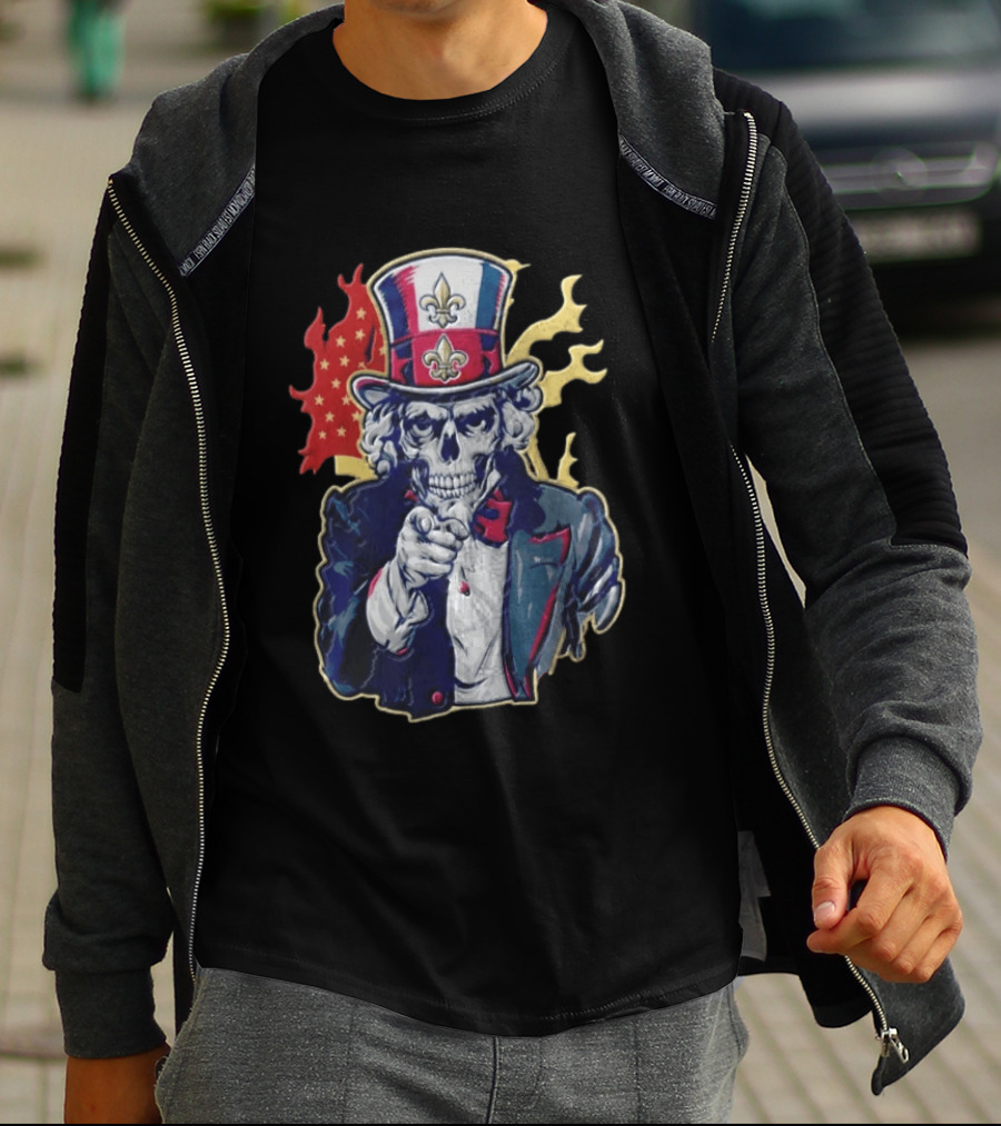 New Orleans Pelicans Skeleton Uncle Sam Pointing American Flag Fleur De Lis T-Shirt