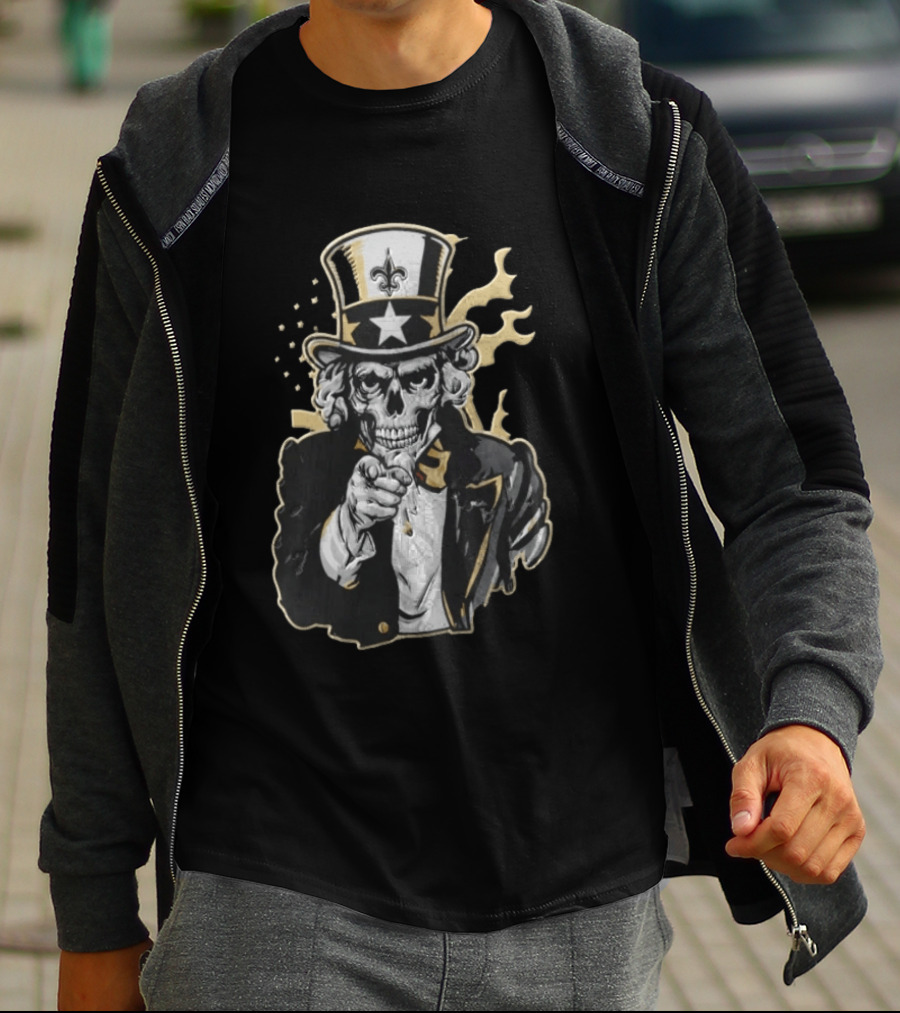 New Orleans Saints Skeleton Uncle Sam Pointing Fleur De Lis American Flag T-Shirt