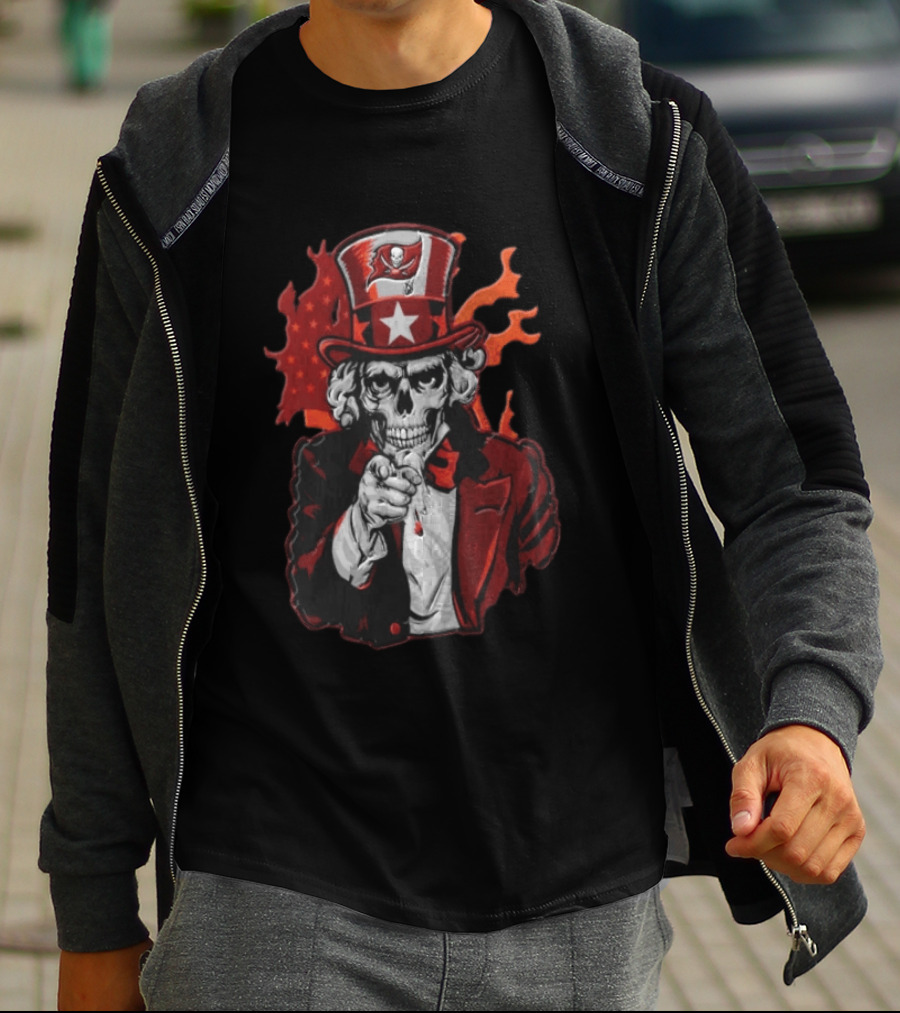 Tampa Bay Buccaneers Uncle Sam Skull American Flag Flames T-Shirt
